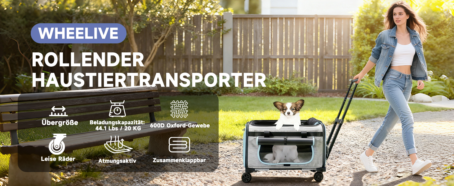 Транспортер для тварин на колесах для котів та собак, сумка-переноска з знімними колесами та пральним вкладишем, плечовий ремінь, портативний транспортер для відпочинку на природі та подорожей на авто (Макс.20 кг)