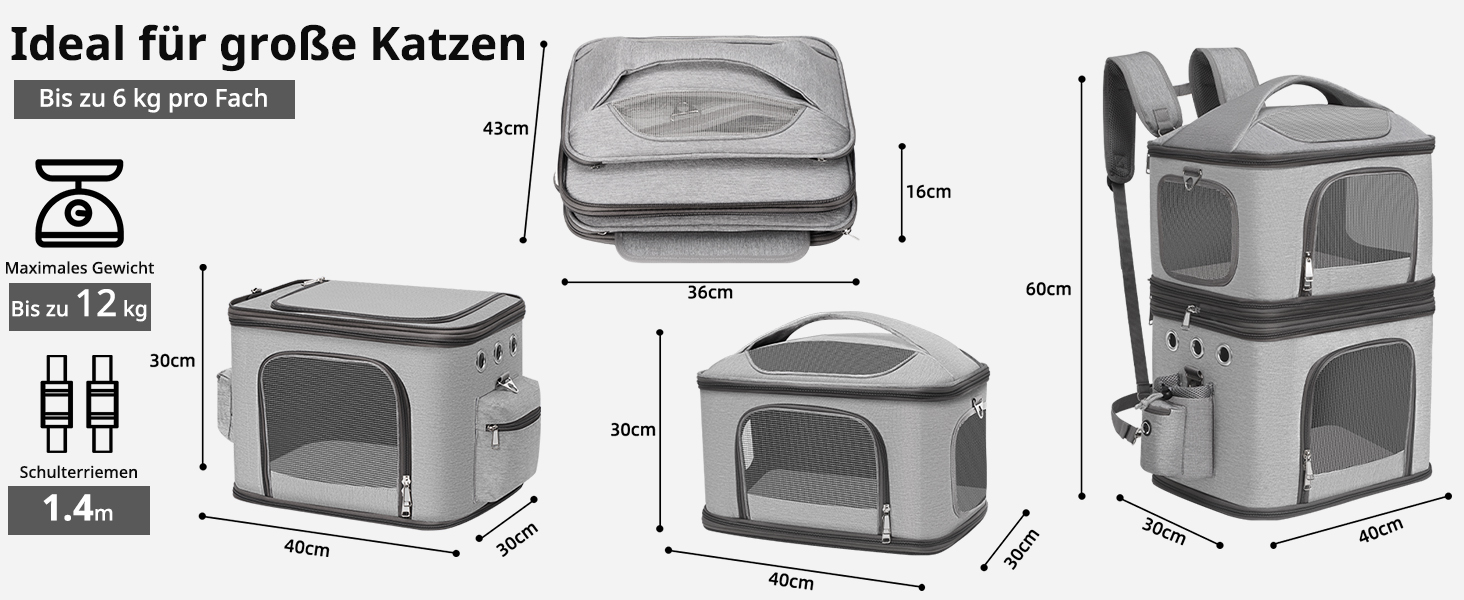 Рюкзак-переноска для котів FASNATI на 2 котів до 12 кг, сірий, для подорожей та кемпінгу