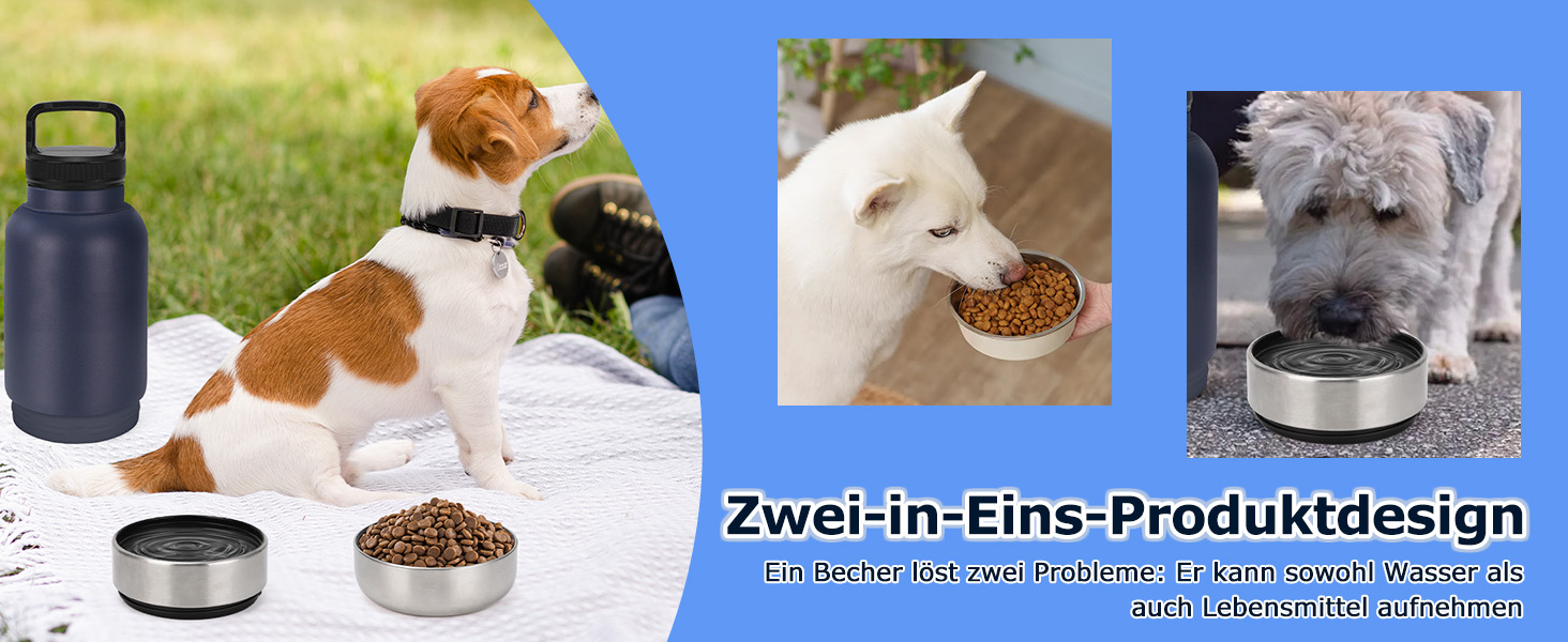 Фляга для собак на прогулянку 1000мл 3-в-1 з мисками для води та корму, ізольована сталева фляга для собак, темно-синій, 7 дюймів