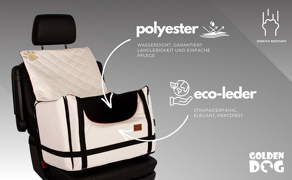 Транспортна переноска для собак Golden Dog з кріпленням на ремінь безпеки, 65x53x27 см, колір коричневий. Імітація шкіри, водовідштовхувальна, складна, підходить для автомобіля.