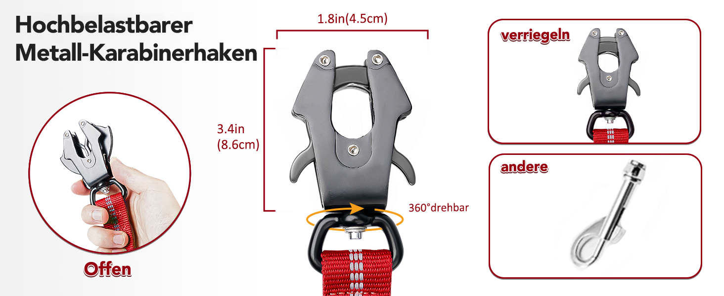 Тактична повідок для собак Joytale, еластична (bungee) повідок з 2 м'якими ручками, автофіксатор, повідок без ривка для собак середніх, великих та екстра-великих порід (1.2м-1.8м, червона)