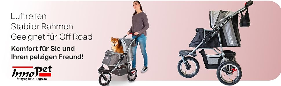 Візок для собак Innopet Comfort Air Eco чорного та срібного кольору – візок для собак/кішок з 30 см повітряними колесами, складаний, для лісових доріжок, світловідбиваючі смуги, органайзер, матеріал з переробленого нейлону