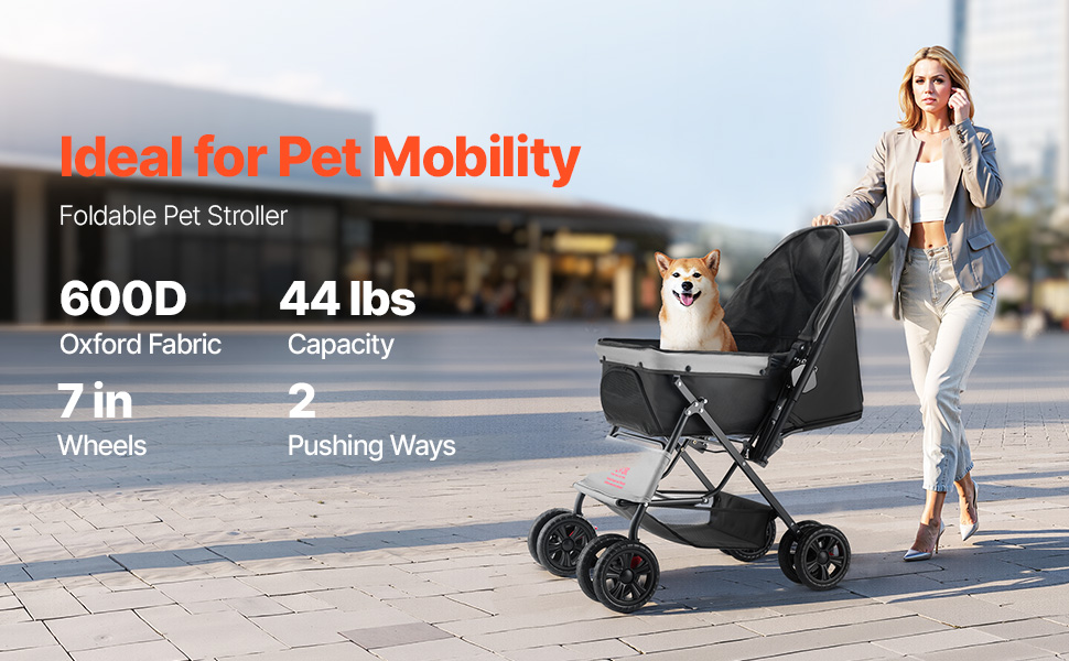 Візок для собак VEVOR, до 20 кг, складаний, 4-колісний, з сітковими віконцями та змінним ручками, з гальмом, для маленьких та середніх тварин