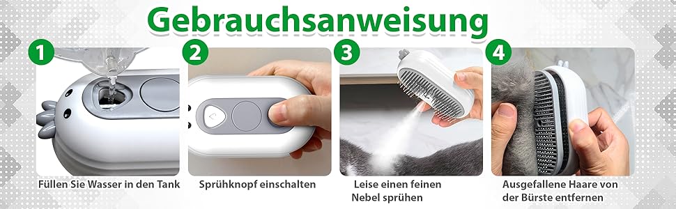 Дampова щітка для котів 4-в-1 з розпилювачем та функцією самоочищення, IPX7, білий колір