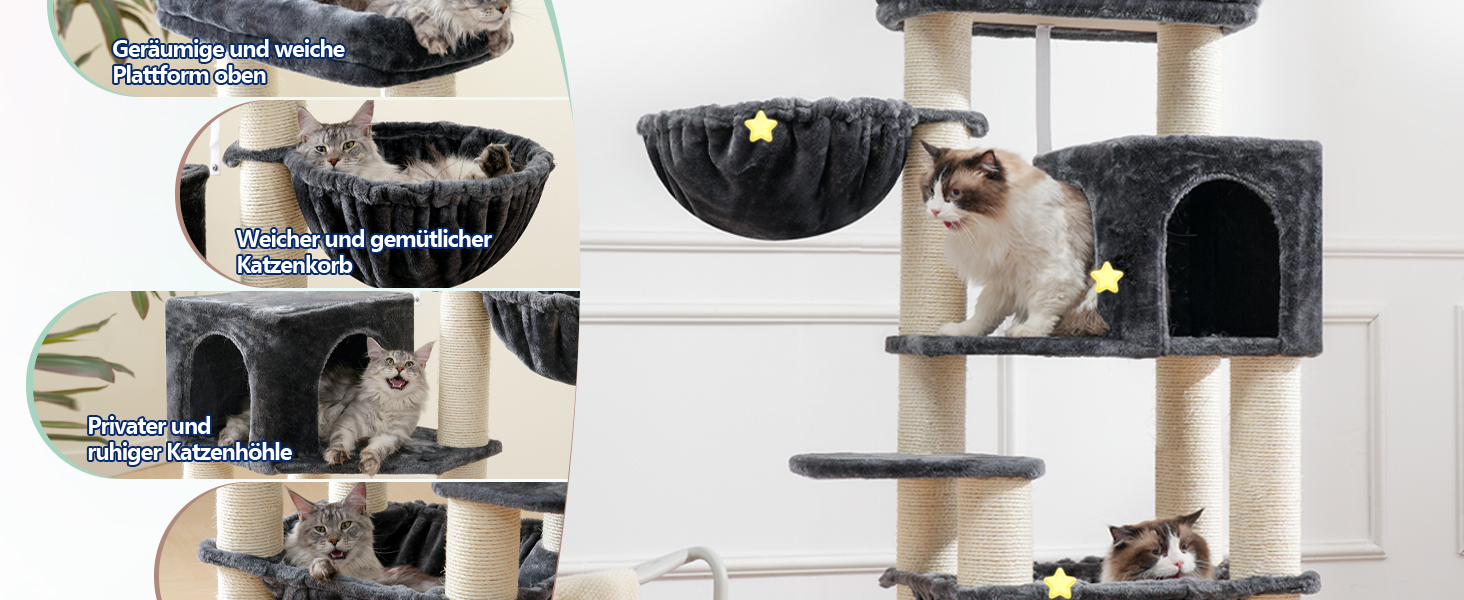 Кігтеточка XXL для мейн-куна, 168 см, з гамаком, сизаловим стовпом (φ11 см), коморою, корзиною, 2 платформами, EMPJ01M (димно-сірий)