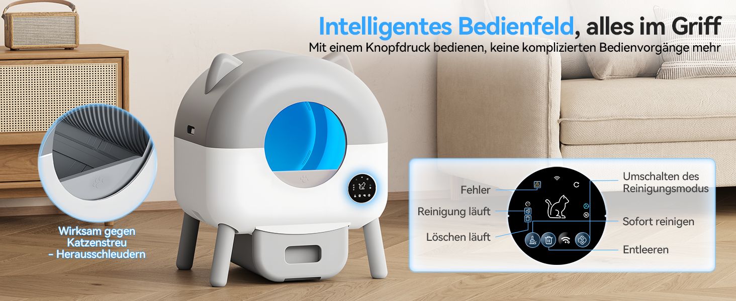 Автоматичний лоток для котів Katzenklo з самоочищенням, велика ємність 90л+15л, панель керування, керування через додаток, AI-моніторинг здоров'я кота, XXL