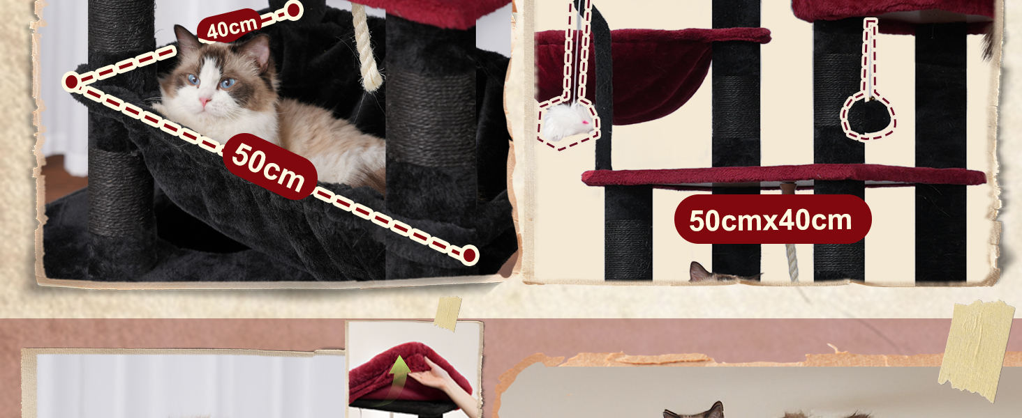 Великий котячий будиночок Kratzbaum: стабільний, 200 см, з платформами, печерами, гамаком та сизалевими стовпчиками (GCT031W, чорний та червоний)