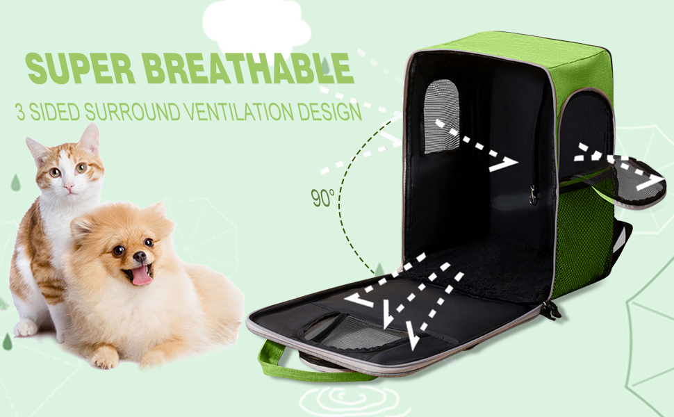 PETCUTE Рюкзак для собак і котів, дихаючий, для маленьких тварин, з відбиваючими смугами, складаний, знімний килимок, страхувальний ремінь, для прогулянок (зелений)