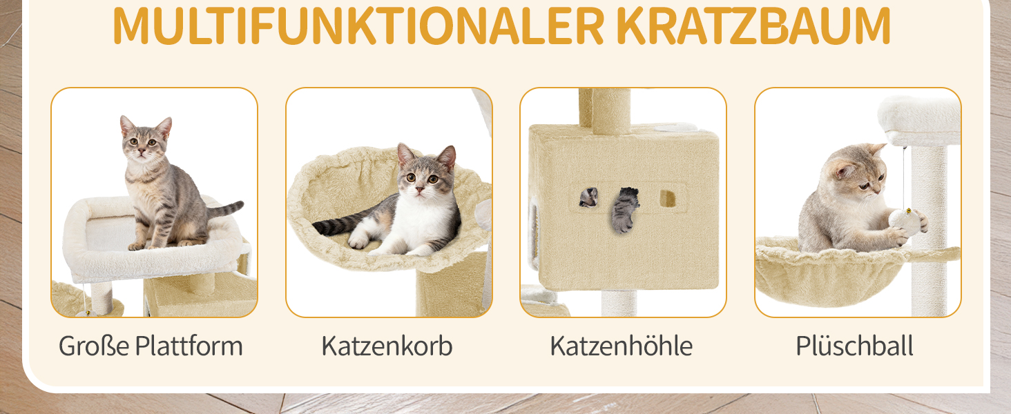 Дерево для кігтів Hzuaneri Kratzbaum 75 см, стійкий, з великою лежанкою, гrottoм, сизалевими стовпами, кошиком та іграшками, меблі для котів, MS07618LG (55 x 30 x 75 см, бежевий)