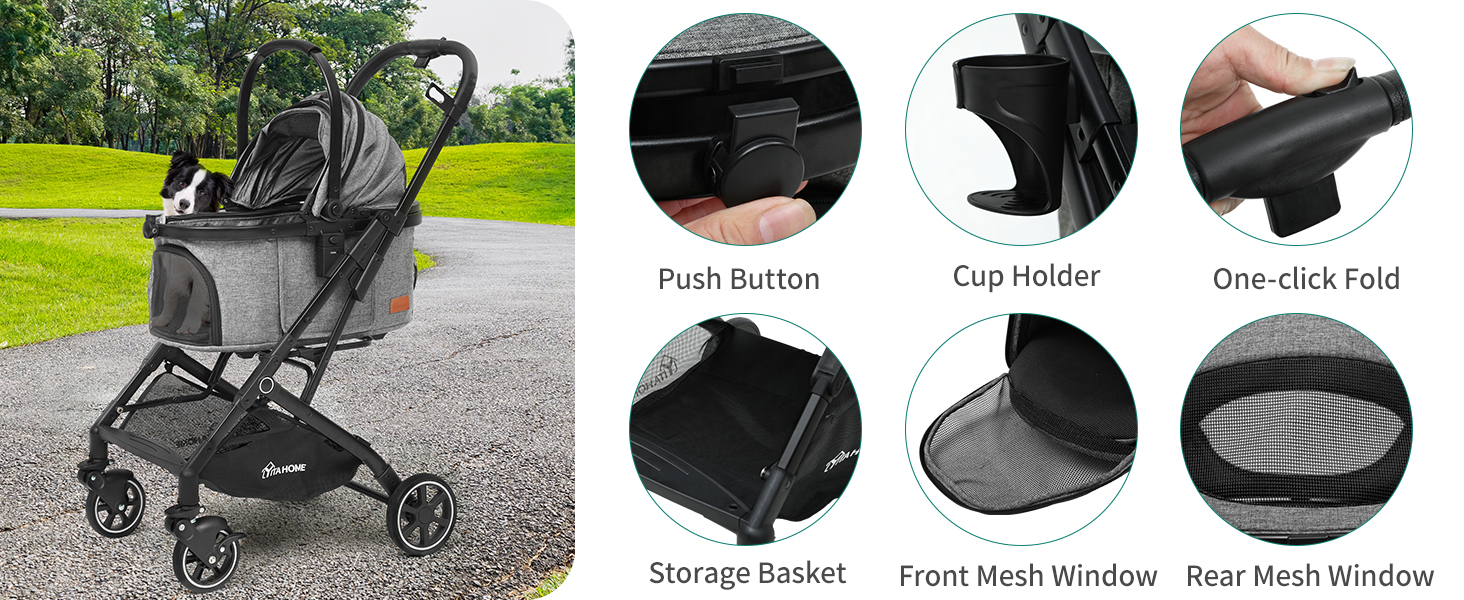 Візок для собак YITAHOME - переносна коляска для маленьких собак та котів (до 15.9 кг), сірий