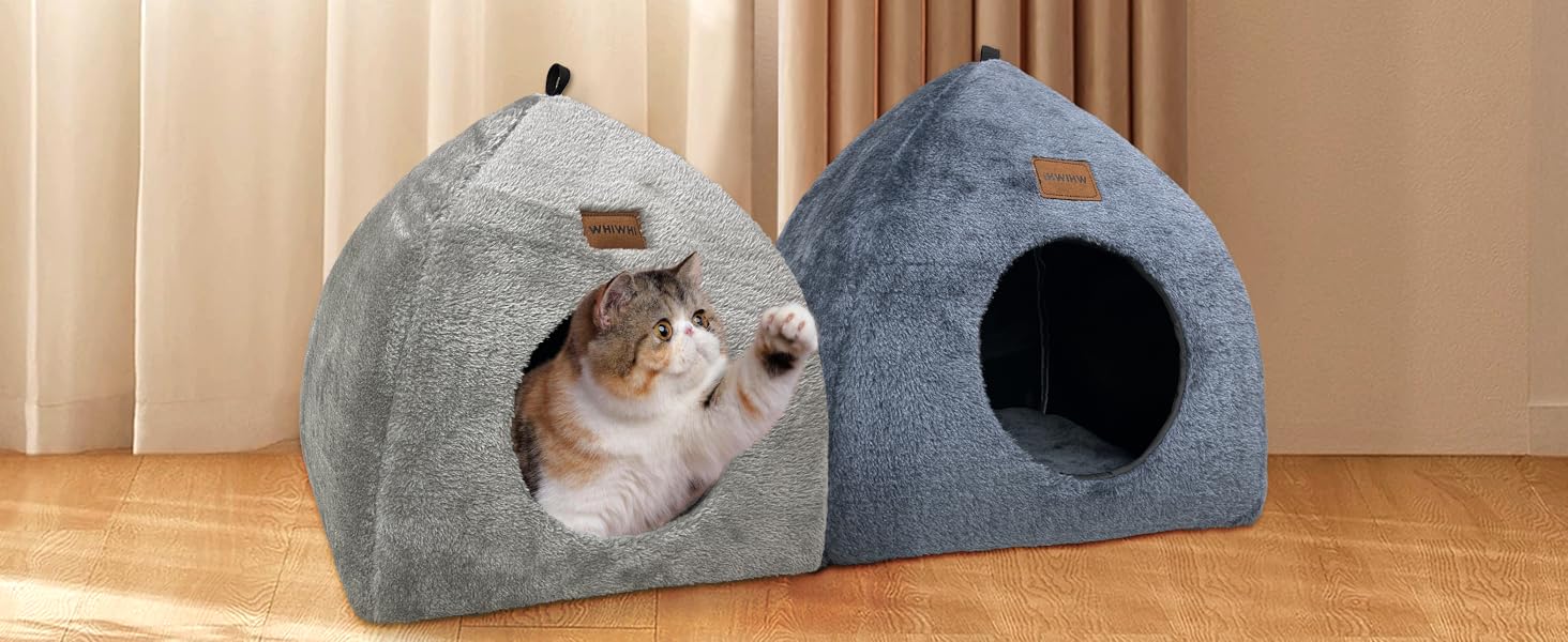 Котяча хатинка Whiwhi для дому, намет для котів із м'яким плюшевим матрацом, складаний сірий будиночок 45x45x41 см