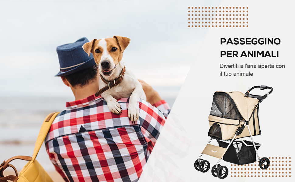 PawHut Складана візок для собак, 10 кг, з гальмівними колесами, підсклянник та кошик для зберігання, 3 вікна, 360° поворотні передні колеса, Колір: Кофе