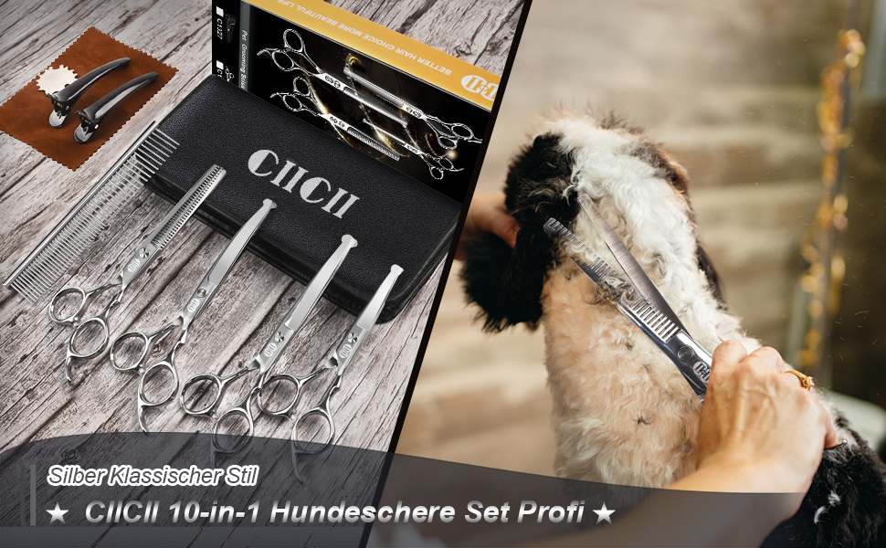 Професійний набір ножиць для грумінгу собак CIICII 10-в-1 з безпечними закругленими кінцями. Ідеально підходить для собак, котів та інших домашніх тварин. Срібний колір.