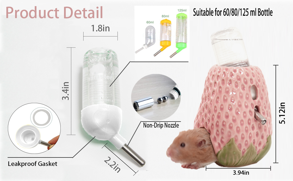 Келіві Водяна пляшка для хом'яків, керамічна, у формі полуниці, 80 мл, з двома некраплями, для сирійських хом'яків, мишей, ґризунів (червона)