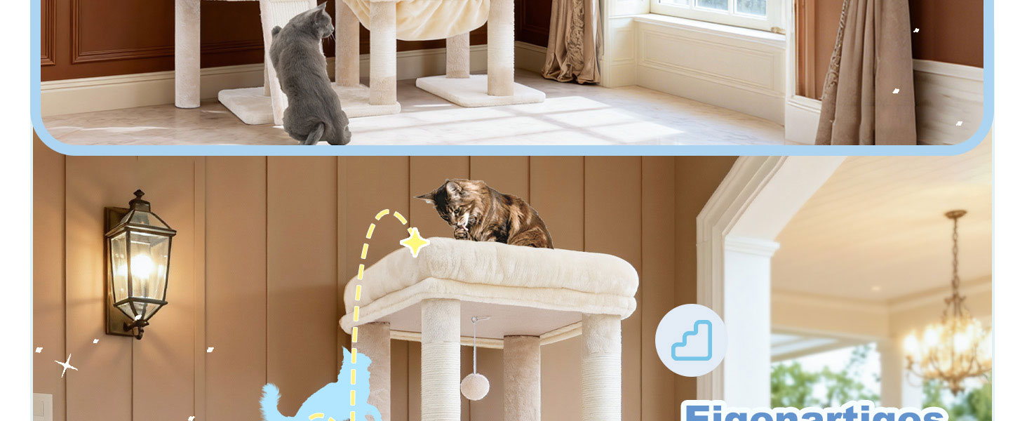 Котячий будиночок Hey-brother Kratzbaum: велика платформа, 2 печери, гамак, дряпальня з сизалю, кошик, 127 см, MPJ071W (Бежевий)