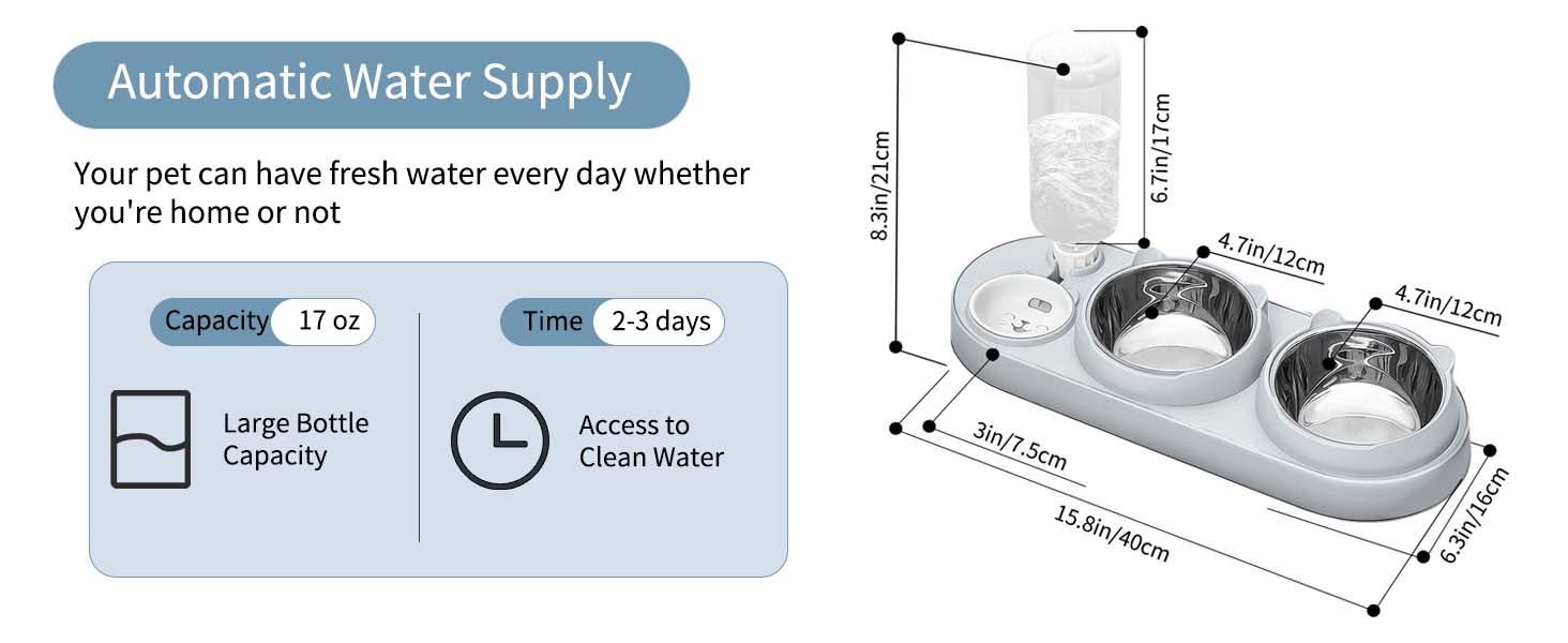Набір мисок для котів Marchul 3 в 1: годівниця, поїлка з дозатором, миски з нержавіючої сталі, нахил 15°, для котів та собак маленьких та середніх порід (сірий)