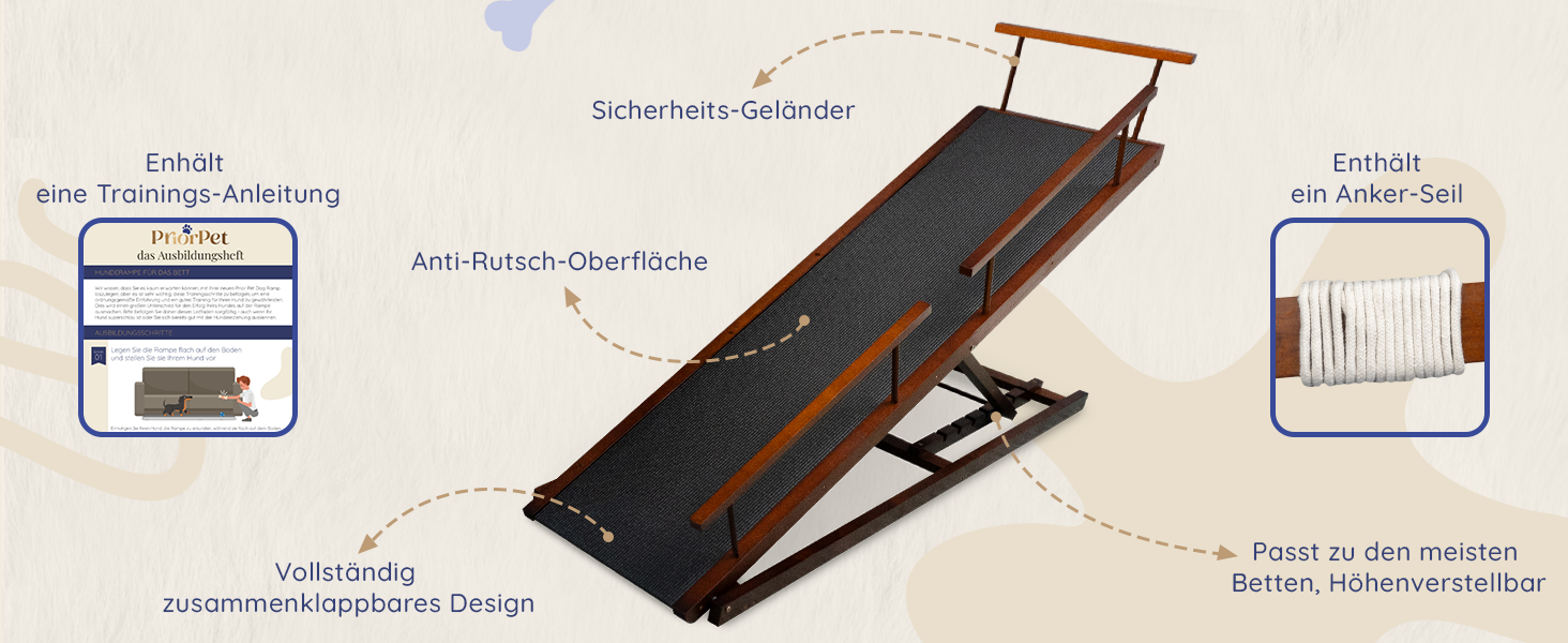Сходинки для собак PRIORPET з берези з захисним бар'єром - регульована висота до 94.5 см - складаються - антиковзке покриття - для собак до 23 кг - колір: горіх