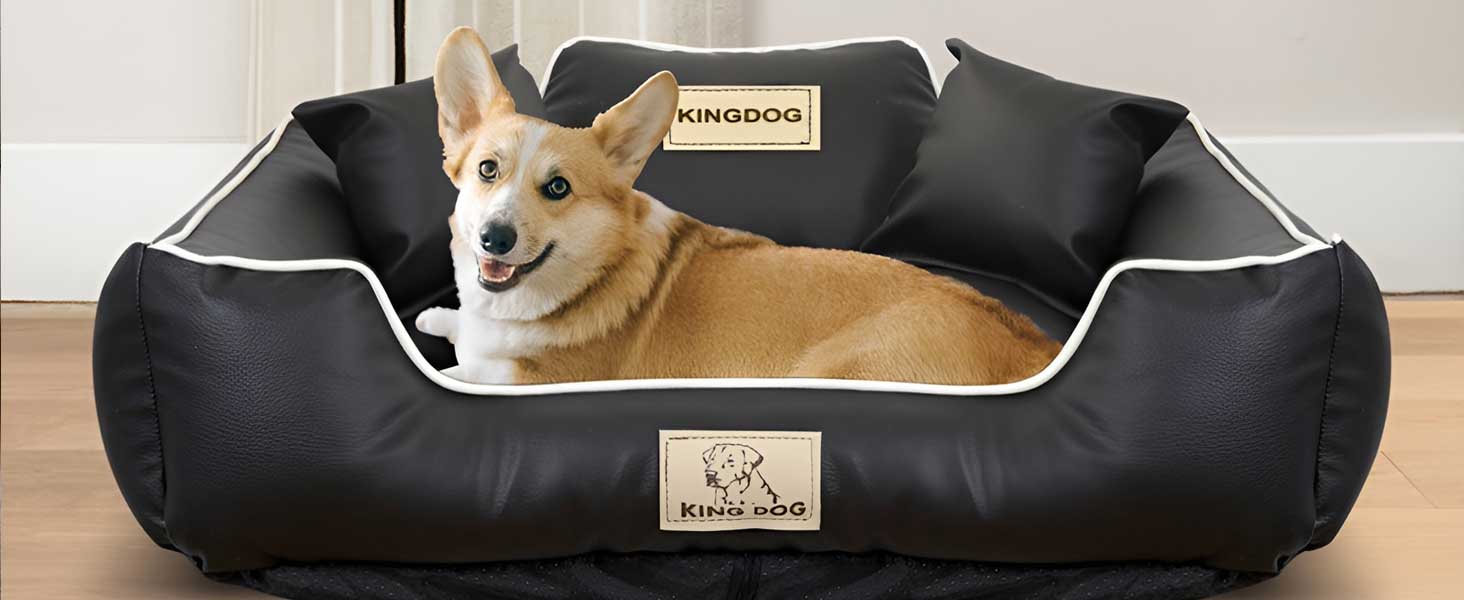 Крісло-ліжко для собак середніх порід King Dog: миється, з еко-шкіри, 75x65 см, з можливістю персоналізації імені, водонепроникне, з силіконовою начинкою, чорне