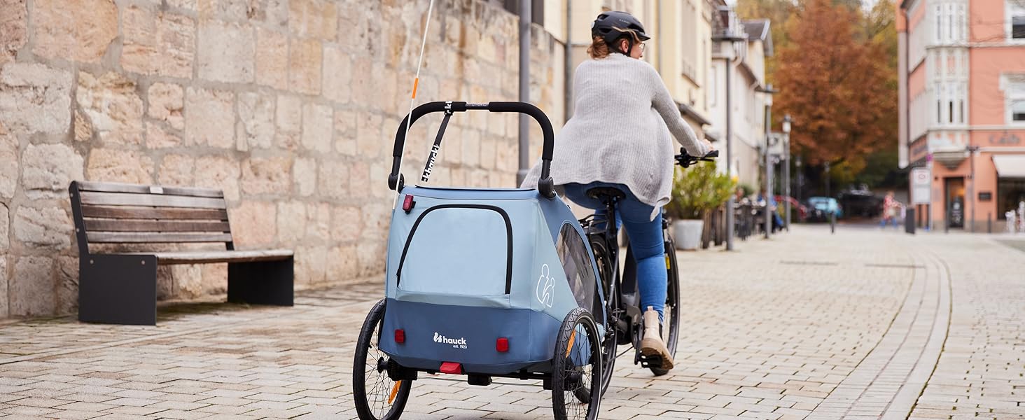 Дитячий велопричіп-коляска Hauck Dryk Duo Plus для 2 дітей (6-48 місяців), з амортизацією, складна, з LED-ліхтарем та великим багажником (Dark Green)