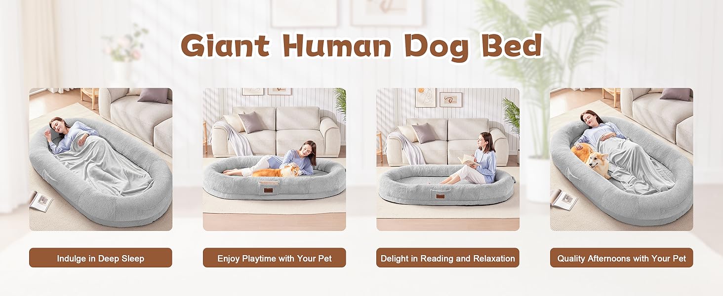 Крісло-ліжко для собак та людей, 180х122х25 см, велике крісло-мішок з ковдрою, овальне ліжко з штучного хутра, знімний великий матрац Memory Foam, сіре