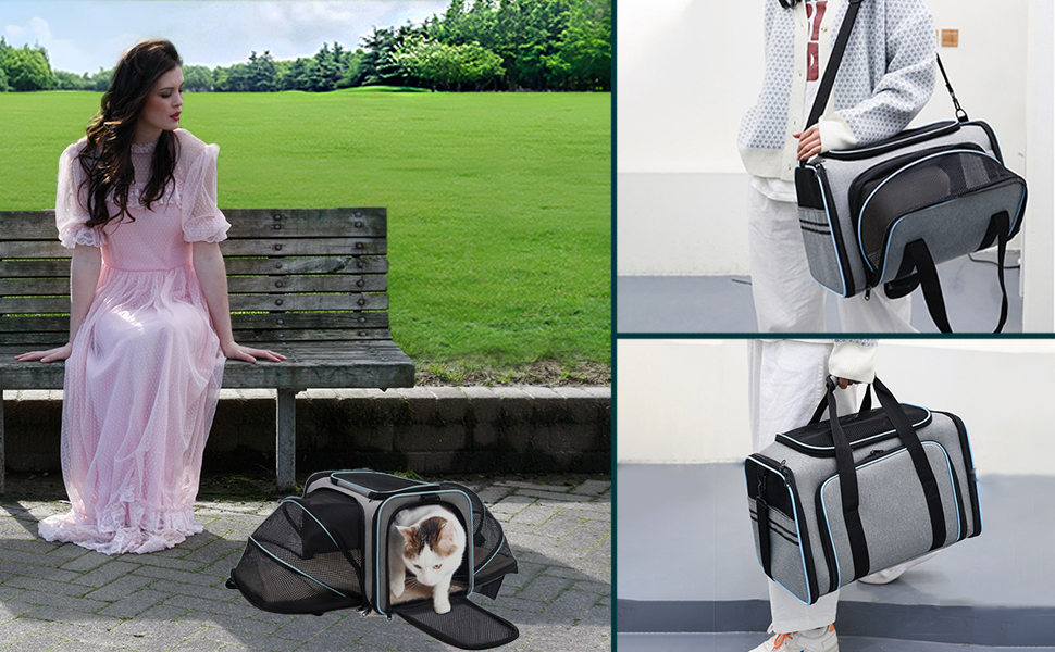 Транспортна переноска для котів та собак, велика, 46x28x29 см, розширювана, сіра. Підходить для котів, собак, цуценят, авіаперевезень.