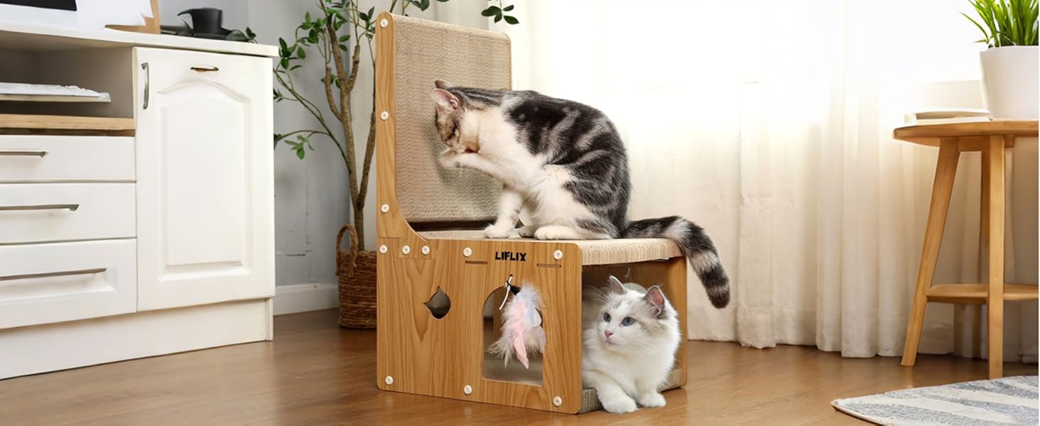 Крізь-дошка для котів LIFLIX L-подібної форми, 67 см, з будиночком для ігор та відпочинку, захист меблів