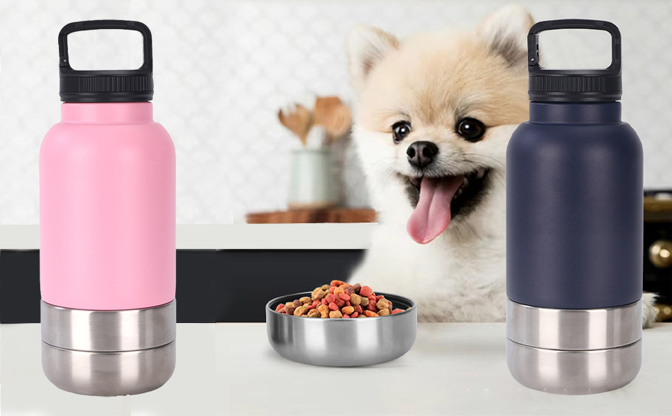 Портативна пляшка для собак з мисками для води та корму, 3-в-1, ізольована сталева пляшка для подорожей, прогулянок, походів (чорна)