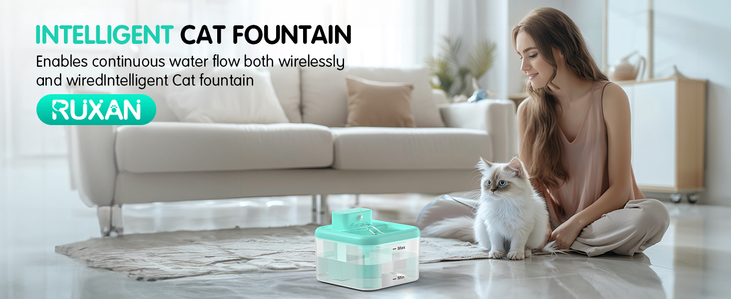 Трубочка для котів RUXAN, 2L, тихий фонтанчик з батарейкою, 2200mAh, з датчиком руху, 3 режими, для котів та собак, білий (блакитний, поліпропілен (PP))