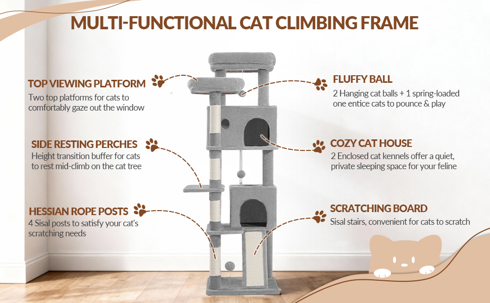 Котячий будиночок Kratzbaum 178 см, великий, сірий: кігтеточка, будиночок, платформа, іграшки