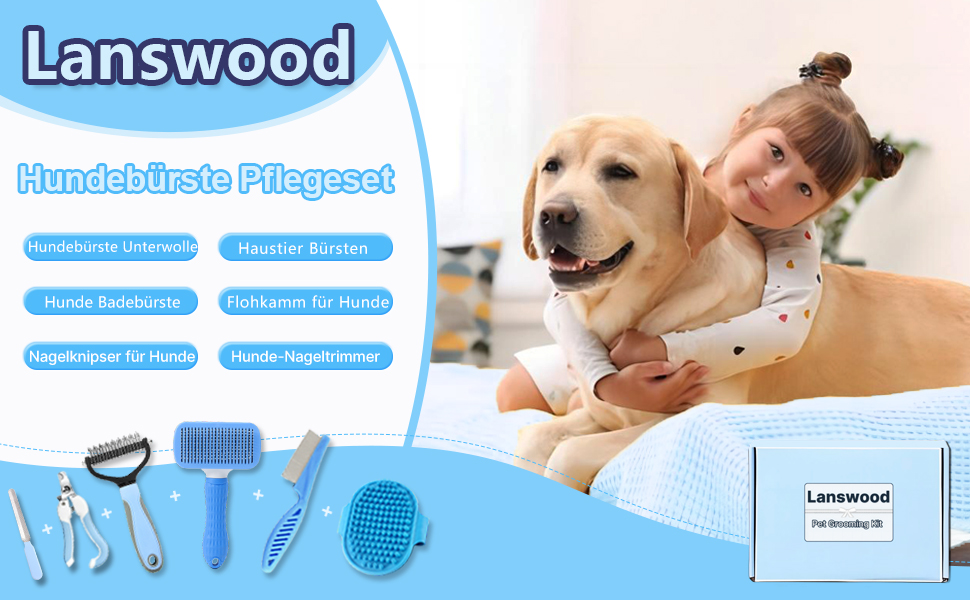 Набір для догляду за тваринами 6 в 1: щітка для собак, гребінець для вичісування підшерстка, тример, гребінець від бліх, щітка для миття | Синій, прямокутний