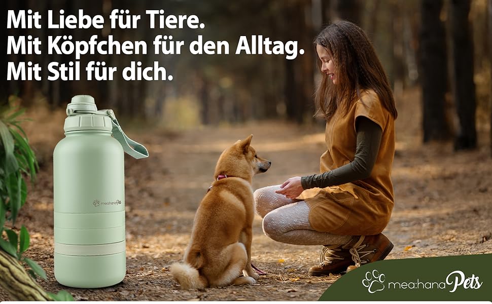 Hana Pets: Фляга для собак на 1л з мисками - ідеальна для подорожей. Ізольована фляга з нержавіючої сталі з мисками, зручна для перенесення. До комплекту входить ручка.