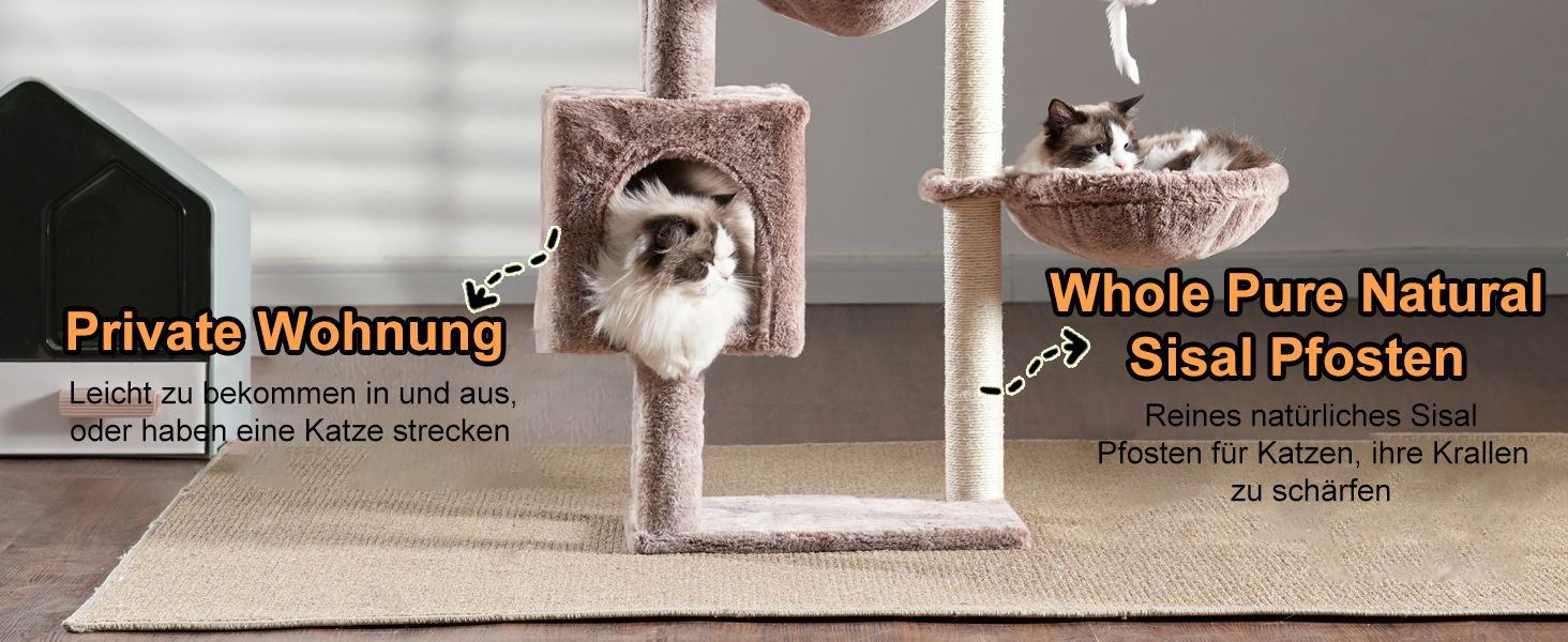 Кігтеточка-комплекс для котів Heybly HCT006SW, 100 см, з платформою, гротоподібною печерою та гамаками, коричнево-бежевий