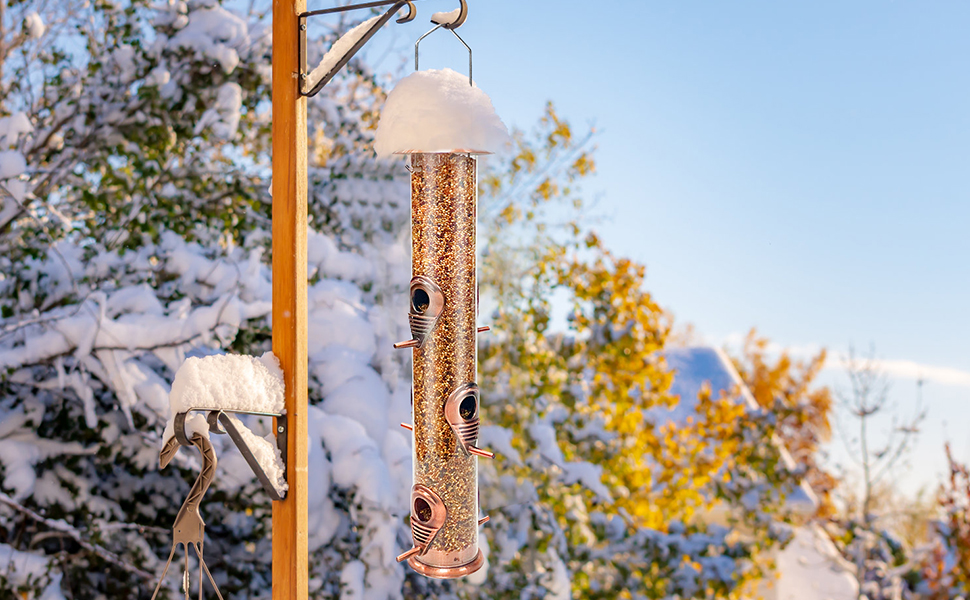 Металева годівниця для птахів з підвісним тросом, 6 відділень, для насіння, антична мідь