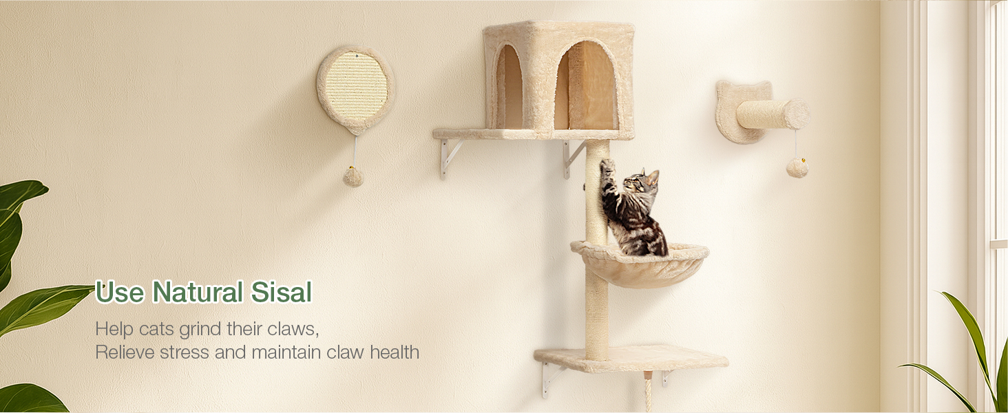 Комплекс для котів BYBYME з гамаком, ліжком та полицями, 6шт. Міцні меблі для котів з плюшевою стійкою, когтеточкою та сизалевими стовпчиками (Бежевий)