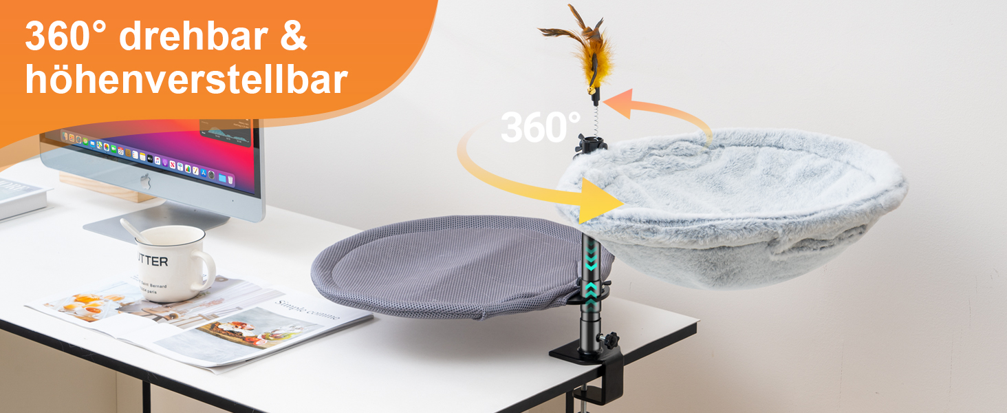 Крісло-лежанка для кота Uross на стіл - 360° обертання та регулювання висоти, м'яка гамачок для котів з 2 знімними чохлами, місце для сну для дому/офісу - для цілорічного використання (двошарове, сіре)