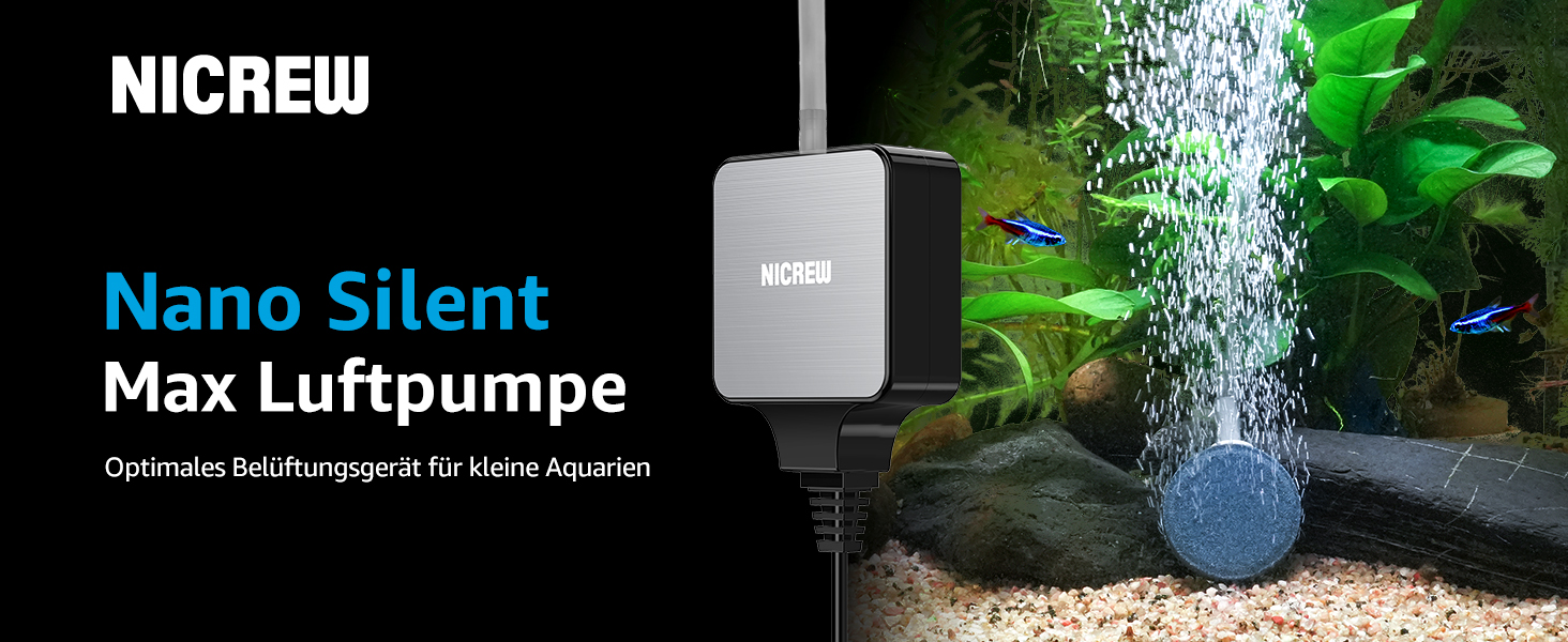 Повітряний компресор для акваріума NICREW Nano Silent Max з регулятором, тихий (до 35 дБ), енергоефективний 1.5 Вт, 36 л/год, для акваріумів 40-80 л, чорний