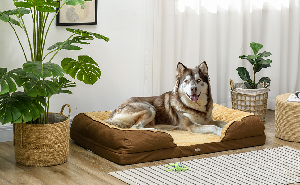 PawHut ліжко для собак, заспокійливе, для маленьких собак, матрац, коричневий, 120 x 80 x 22 см