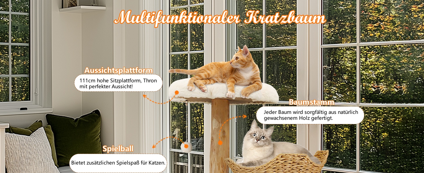 Кігтеточка BingoPaw Modern для котів: дерев'яна кігтеточка 111 см з 2 кошиками з лози, сизалевим стовпом, платформою та плюшевим м'ячиком. Велика кігтеточка-вежа для кількох котів.