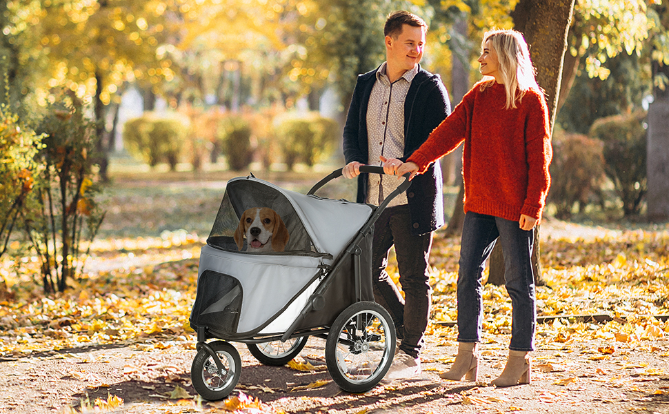 Візок для собак PawHut 3-колісний, сірий, складний, до 40 кг, з подушкою та безпековою лійною