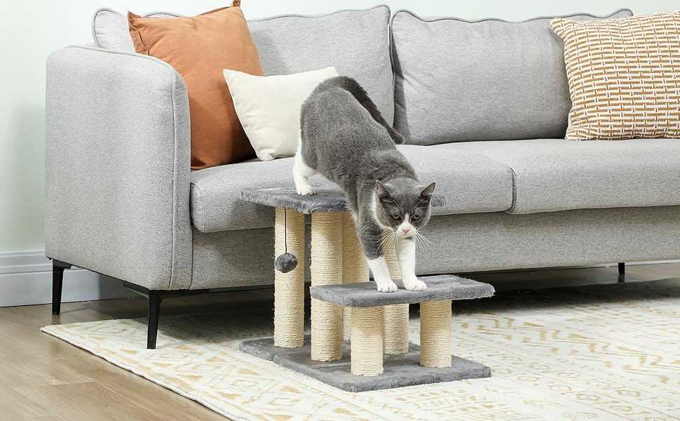 Сходинки для собак PawHut - 3 сходинки, 54 см, сірі. Сходи для маленьких собак та котів з сизалевим покриттям, м'ячик, допомога для заходження на ліжко, диван, в автомобіль