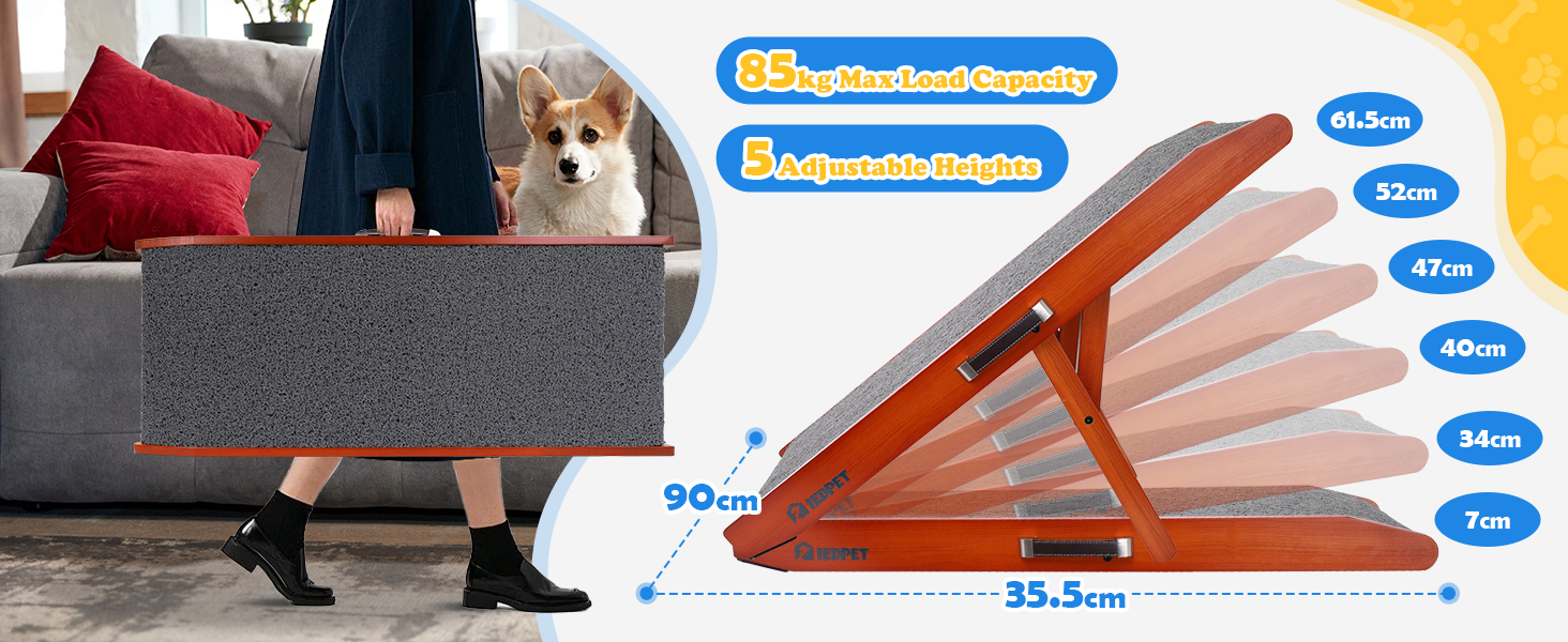 Рампа для собак Hunderampe - регульована, 34-61,5 см, з покриттям, що миється, з берези. Складана, антиковзка, для маленьких та великих собак (XL)