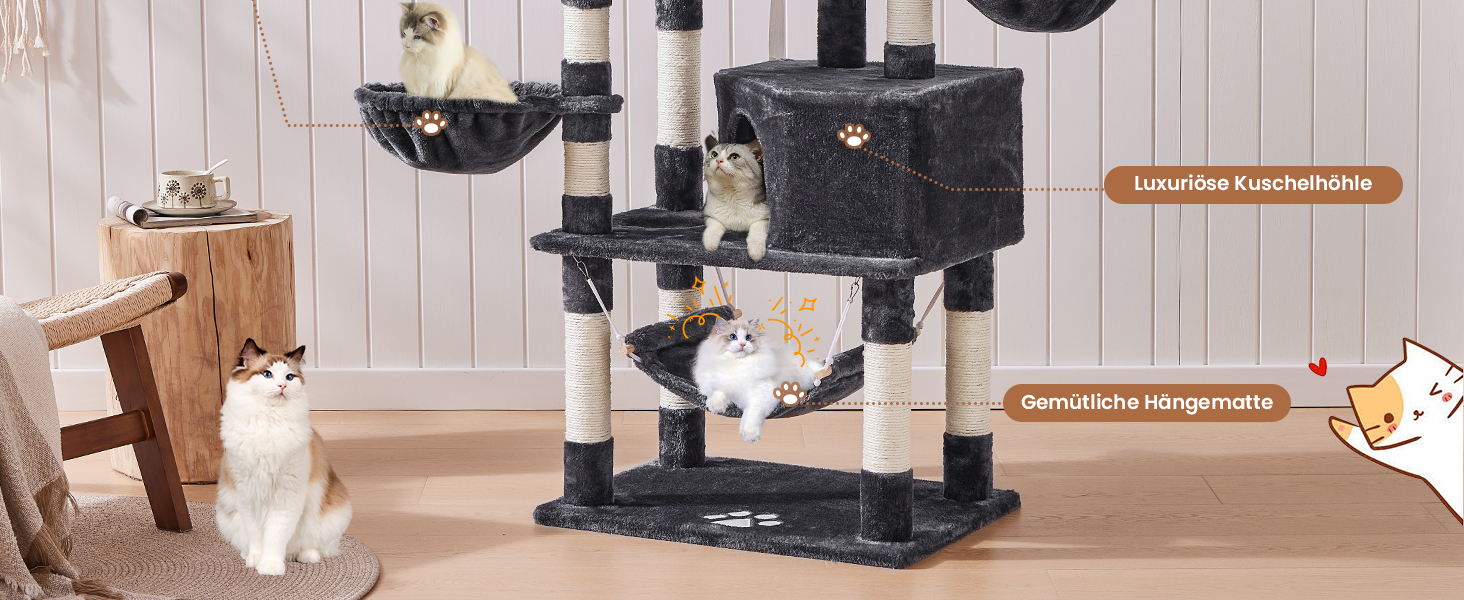 Котячий будиночок MSmask з великою печерою та стовпцями з сизалю, когтеточка для великих котів, сірий