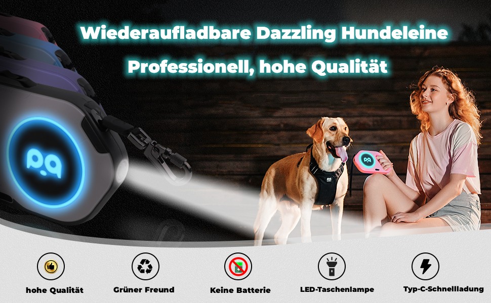 Розтягувана собача поводок з LED-підсвіткою, гальмом та системою швидкого розблокування, 5м, нейлон, до 40кг