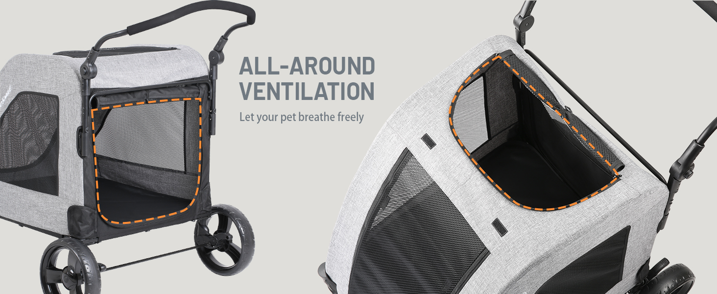 Візок для собак EchoSmile для середніх та великих собак до 70 кг, сірий, складний, з сітчастими віконцями та регульованою ручкою, 4 проходимі колеса