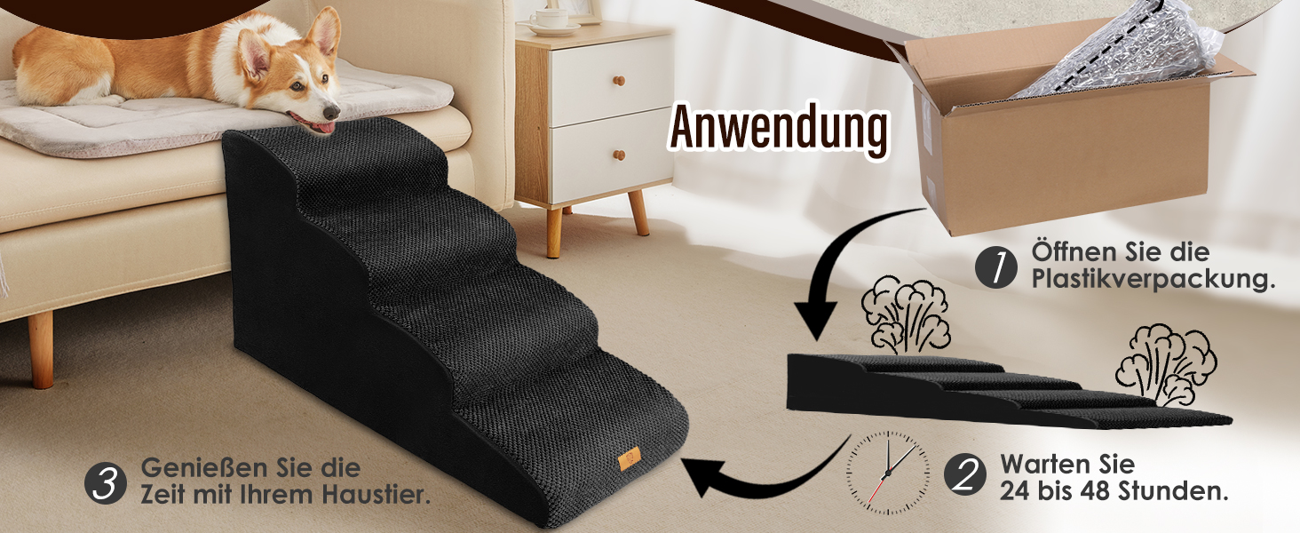 Сходинки для собак, 4 сходинки, знімний поручень, антиковзка поверхня, для ліжка та дивану, з високощільним губчастим наповнювачем (Чорний)