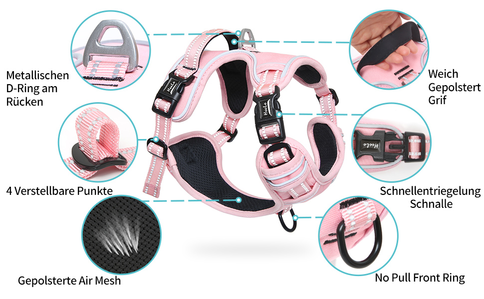Шлейка для собак HEELE без натягу, для маленьких собак, регульована світловідбиваюча шлейка, дихаюча шлейка з м'якою ручкою, No-Pull Dog Harness, світло-рожева, S, обхват грудей: 35-61 см