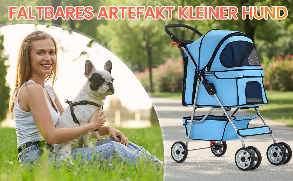 Візок для собак та котів, складний, блакитний, до 15 кг, з кошиком та килимком