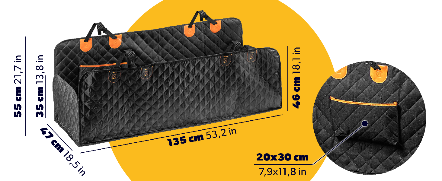 КADAX Накидка на сидіння авто для собак, 135x145 см, чорно-помаранчевий, з кріпленням для безпеки