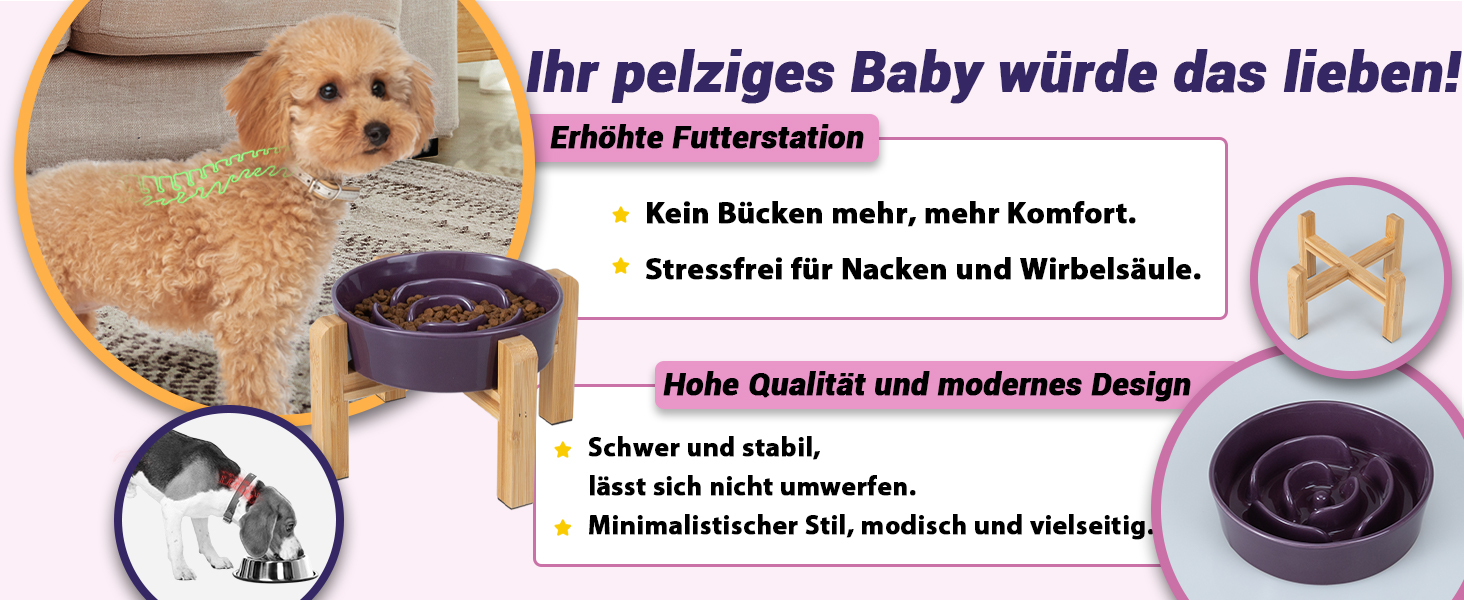 Антислизька годівниця для собак з кераміки, піднята - годівниця на бамбуковому підставці - для повільного годування - для маленьких та середніх собак - біла - діаметр 17 см