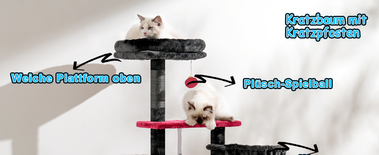 Котячий будиночок Hey-brother Kratzbaum 108 см: багатоповерховий котячий будиночок з подряпувальними стовпами, кошиком, просторим будиночком та іграшкою-помпоном, червоно-чорний MPJ007SBR